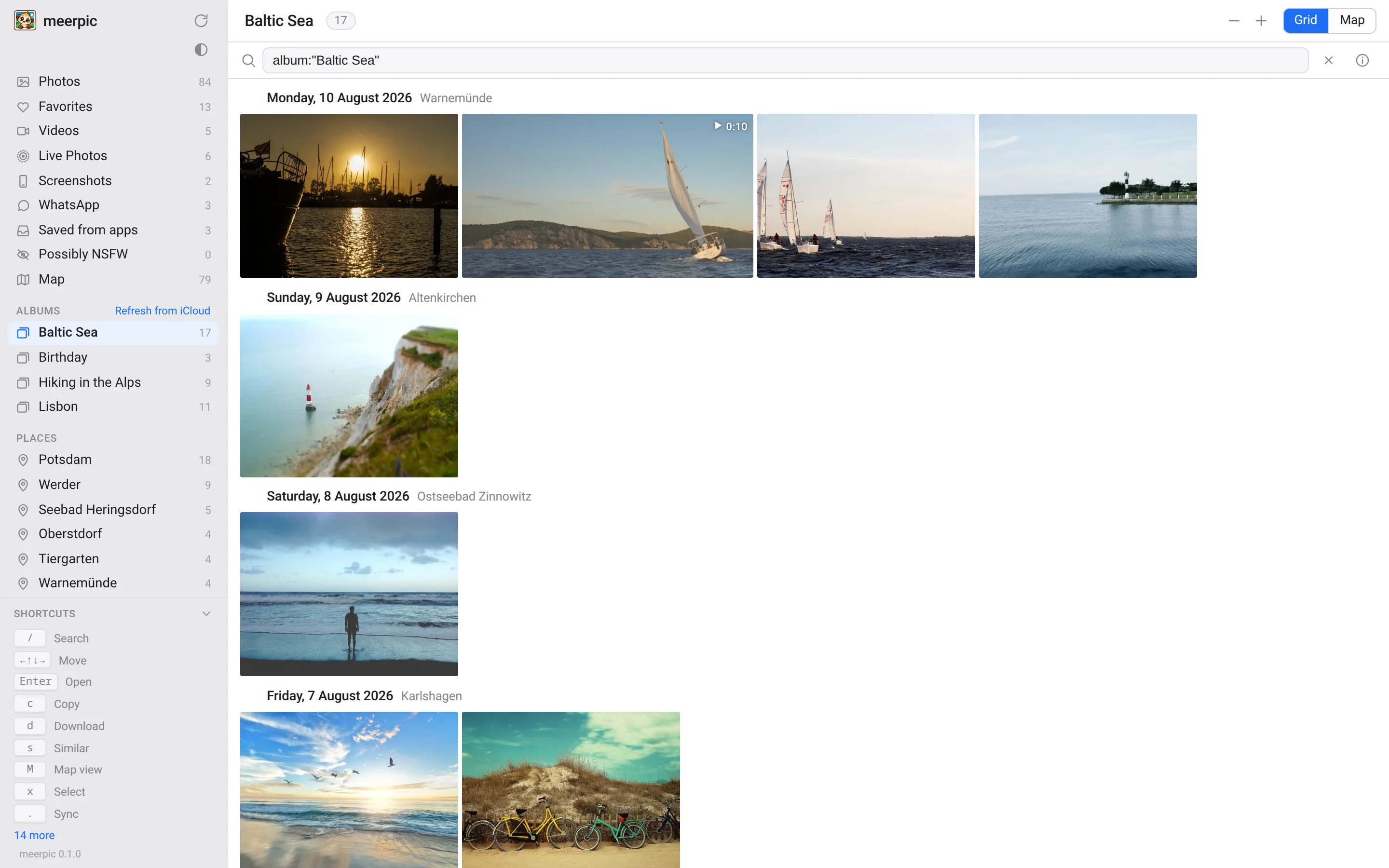 The Baltic Sea album selected in the meerpic sidebar, with its photos in the grid under the days they were taken.