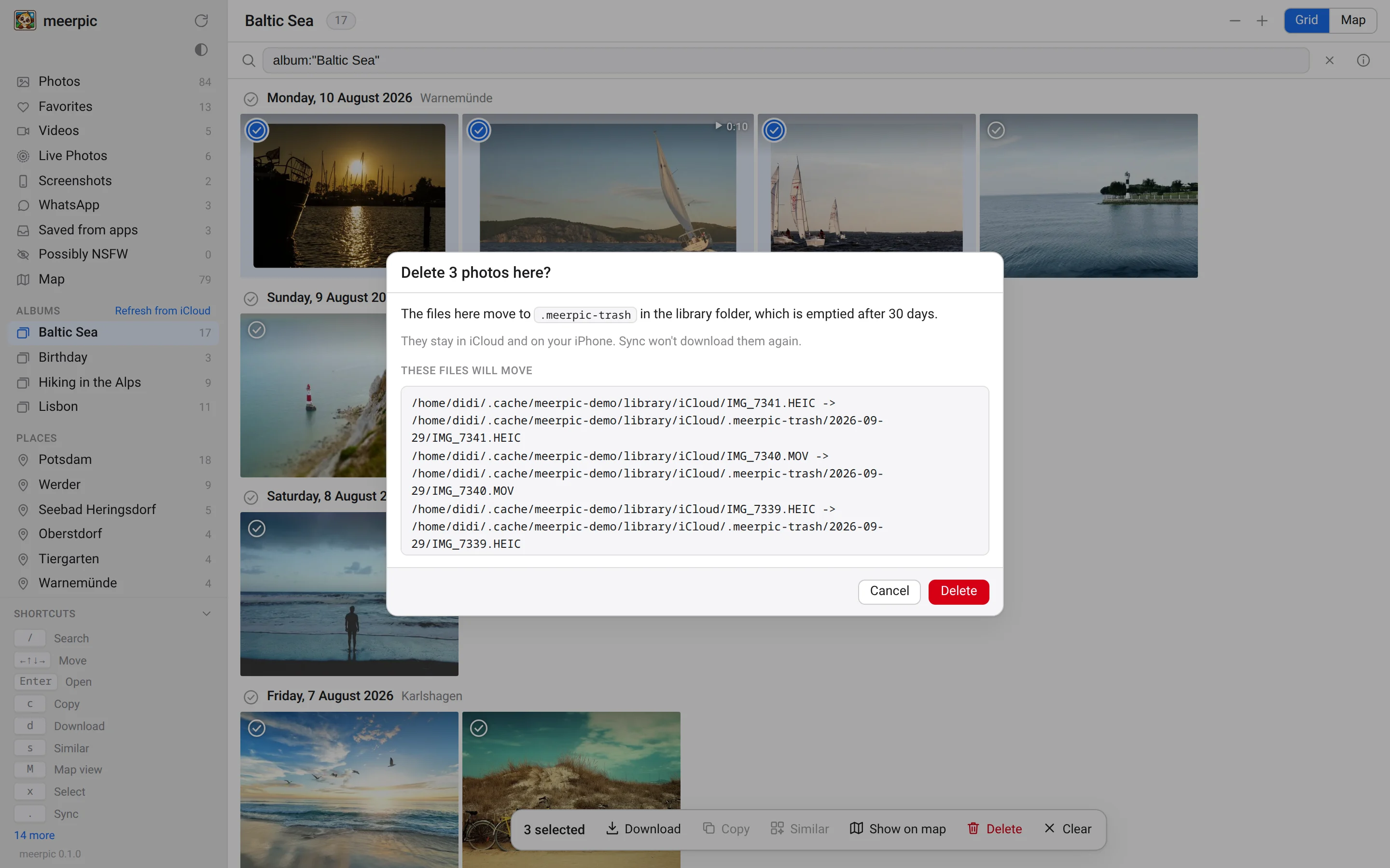 The meerpic delete dialog, listing each file that will move to the trash folder.