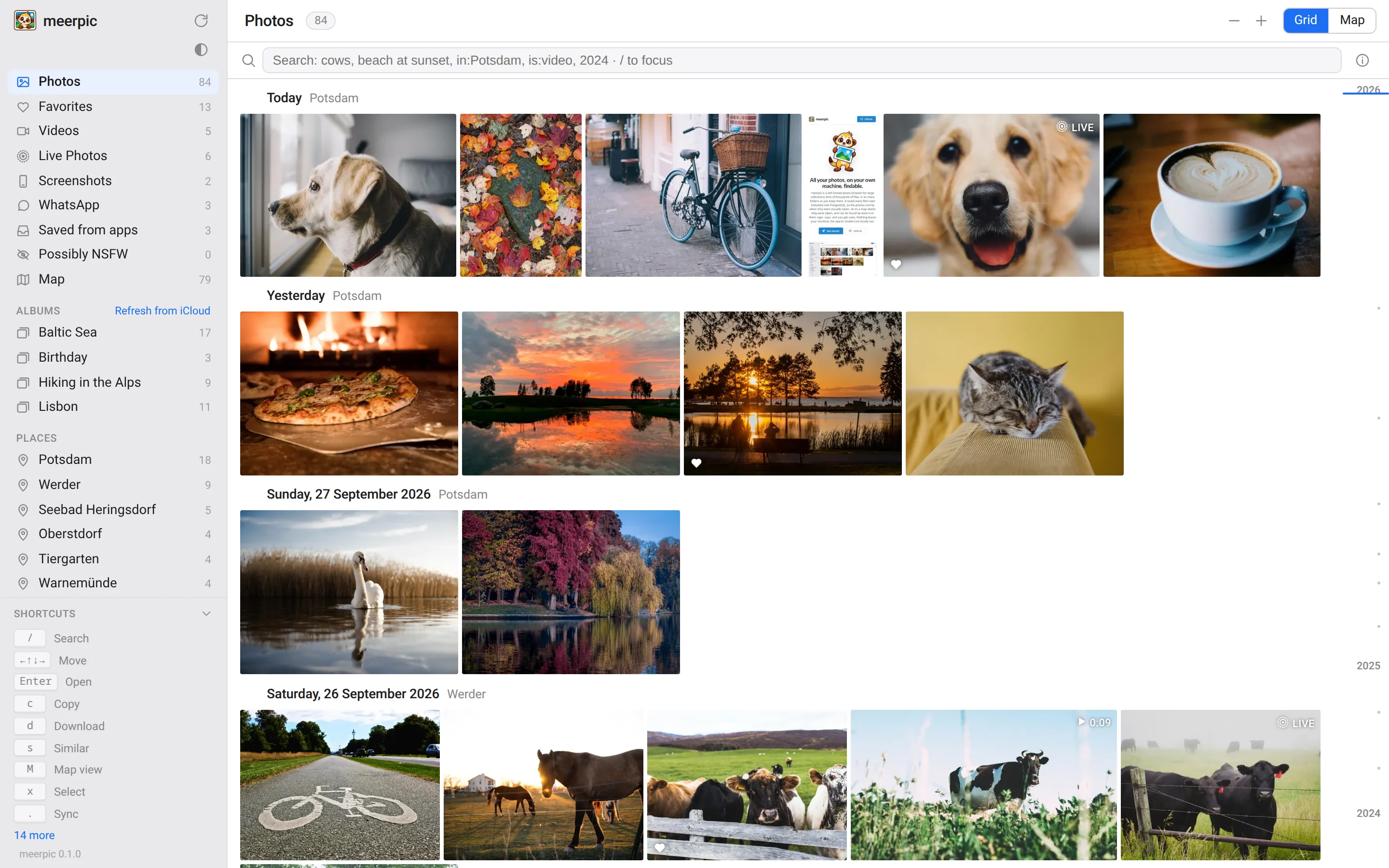 The meerpic grid: a sidebar with favourites, videos, Live Photos, albums and places, and photo thumbnails under day headings, newest first.