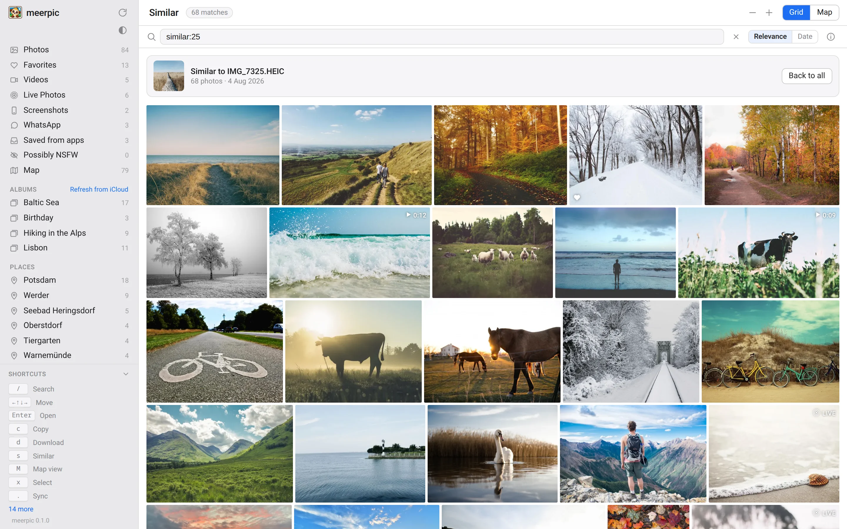 The meerpic grid filtered with similar: and a photo id, showing the photos that look most like that one.