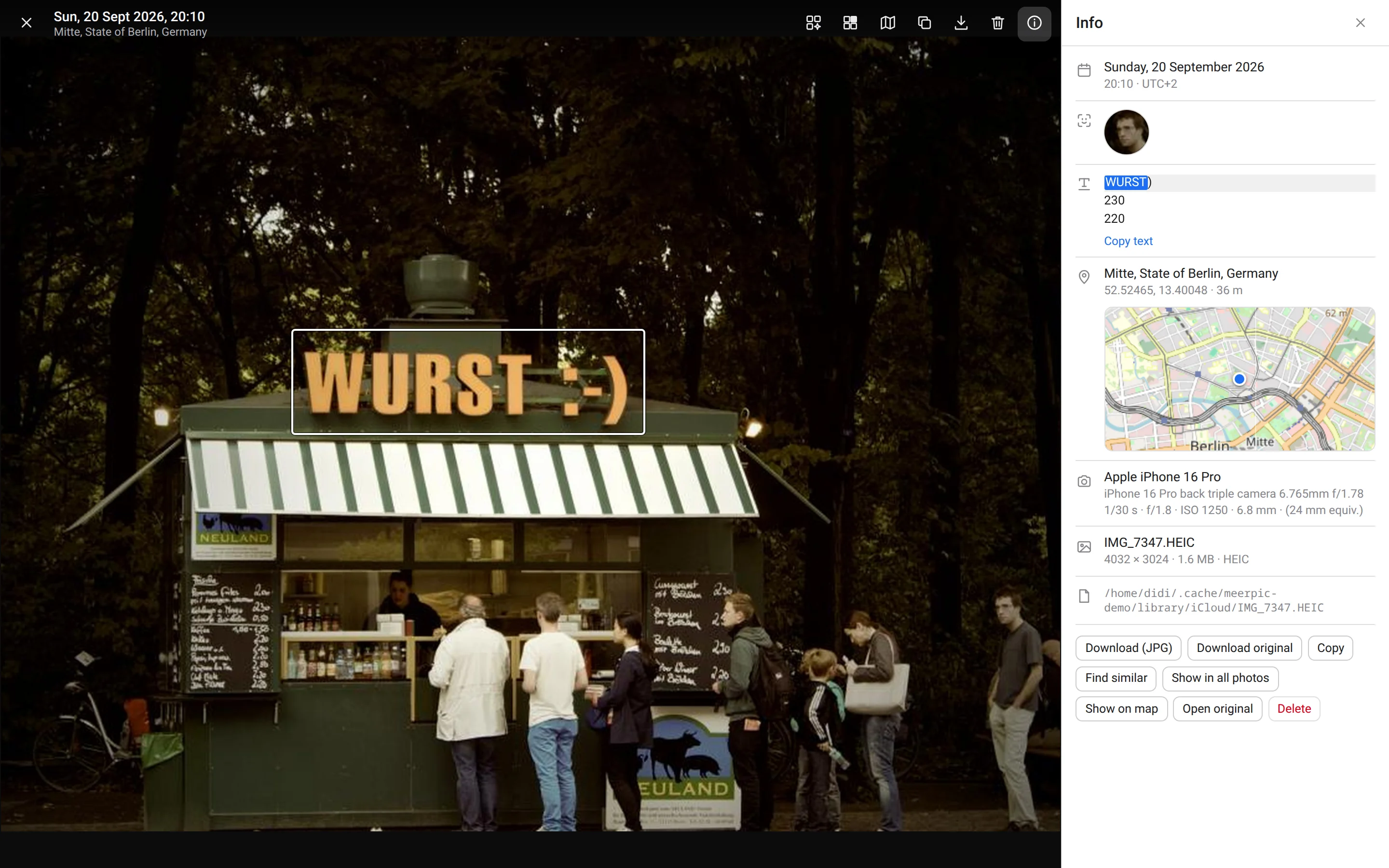 A photo of a sausage stand open in the meerpic viewer after a text:wurst search: the sign reading WURST is outlined on the photo, and the word is marked in the text listed in the info panel.